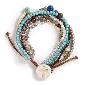 Demdaco Turquoise and Brown Beaded Bracelet with Cross Charm
